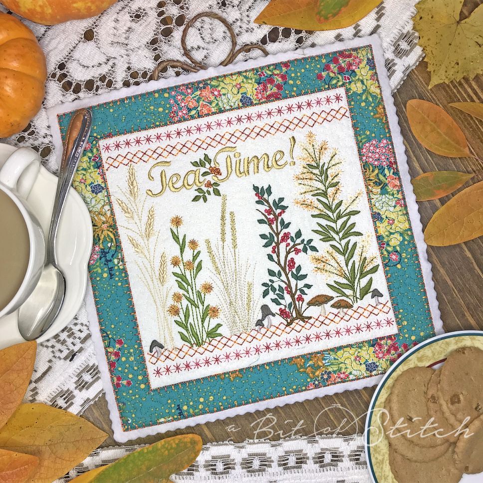 Fall Fields autumn floral machine embroidery designs by A Bit of Stitch on table doily tea mat
