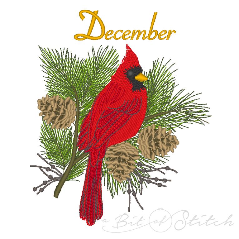 December Cardinal realistic bird, pine needles and pinecones machine embroidery design by A Bit of Stitch
