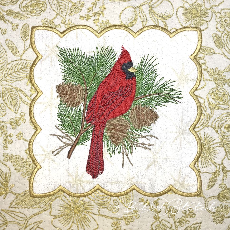December Cardinal realistic bird, pine needles and pinecones machine embroidery design by A Bit of Stitch