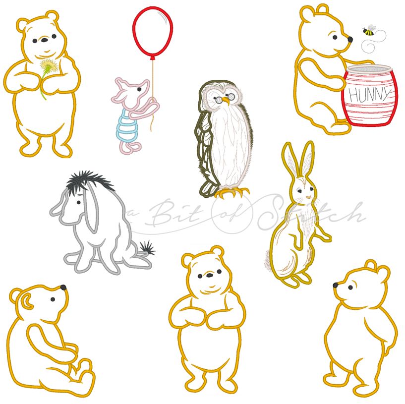 Winnie the Pooh, Eeyore, Owl, Rabbit and Piglet machine embroidery applique designs by A Bit of Stitch