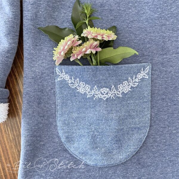 Made in the hoop pocket with floral vine embroidery - Pretty Pockets machine embroidery designs from A Bit of Stitch