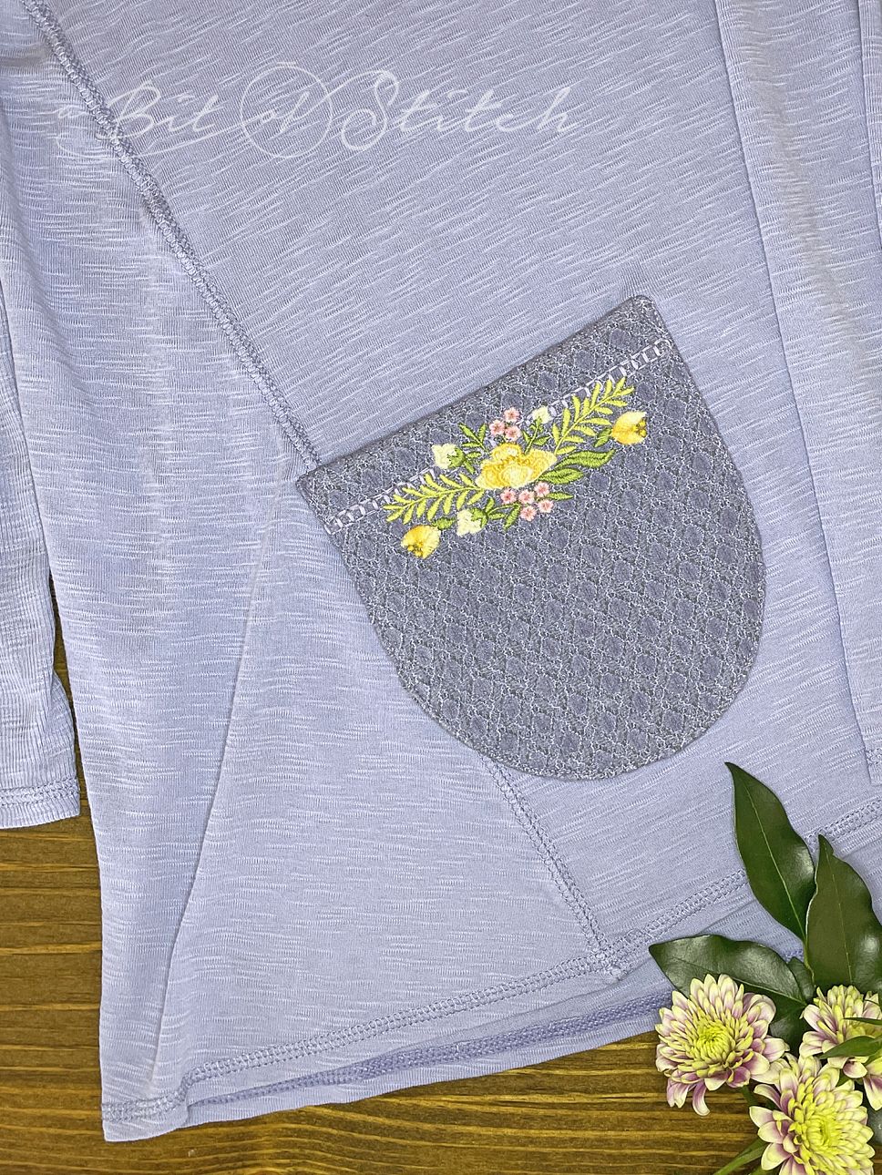 Made in the hoop pocket with elegant floral embroidery - Pretty Pockets machine embroidery designs from A Bit of Stitch