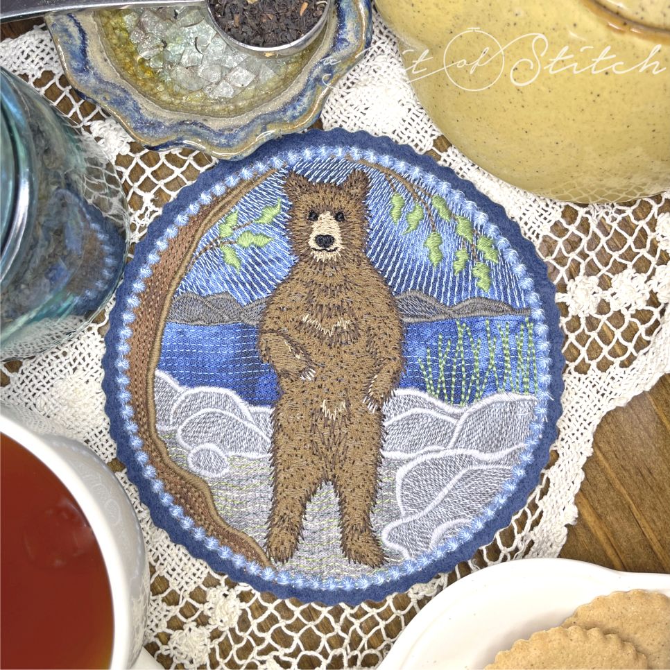 Realistic brown bear with woodland background - Brambly Bear machine embroidery design from A Bit of Stitch
