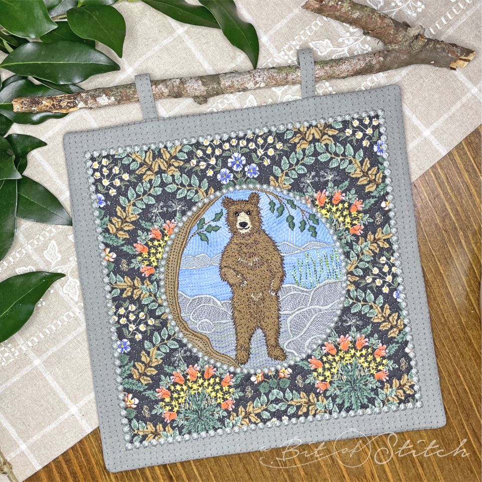 Made in the hoop square mini wall hanging with woodland bear - machine embroidery designs from A Bit of Stitch