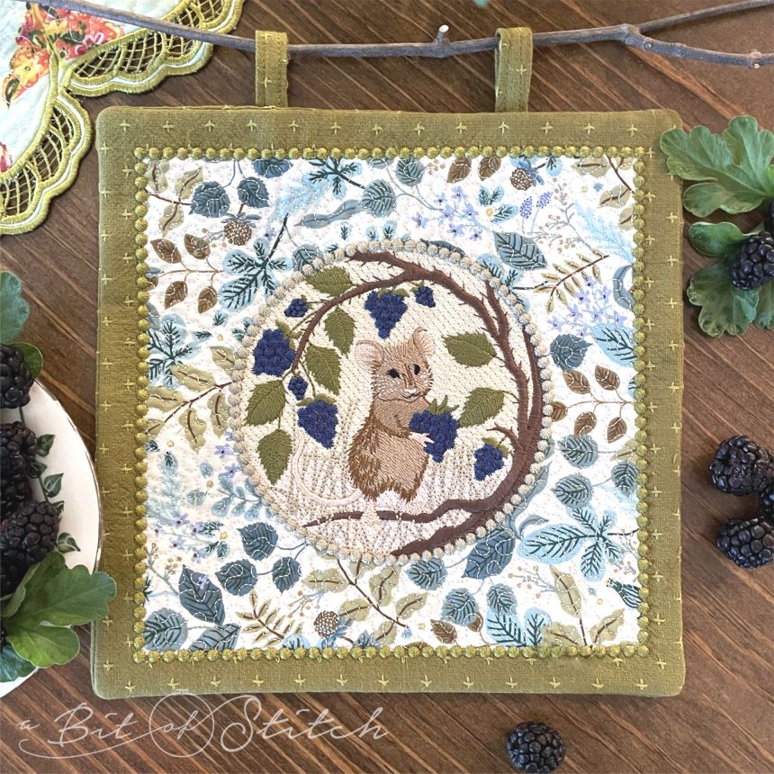 Made in the hoop square mini wall hanging with field mouse and berries - machine embroidery designs from A Bit of Stitch