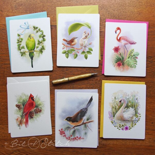 Set of 6 Feathered Friends Note Cards from A Bit of Stitch - gorgeous bird illustrations by Terry Lang