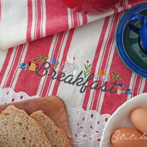 Breakfast machine embroidery design from A Bit of Stitch - breakfast lettering with chicken, eggs, coffee pot, teacups and flowers