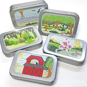 Treasure Tin Kits for castle, farm barnyard, prehistoric dinosaur, jungle and woodland forest mini dioramas - to be used with Treasure Tins machine embroidery designs from A Bit of Stitch