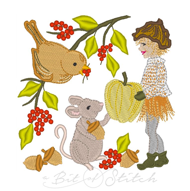 Whimsical tiny girl creature, wren bird, and mouse gathering food for a Thanksgiving feast - machine embroidery designs from A Bit of Stitch