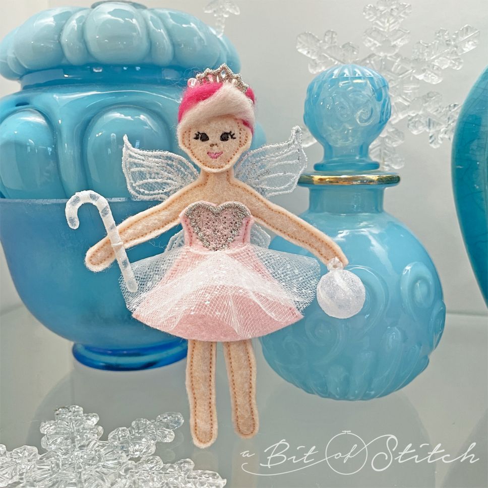 Made in the hoop felt Sugarplum Fairy doll - machine embroidery designs from A Bit of Stitch