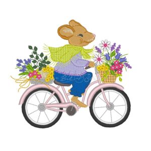 Mouse riding bicycle with flowerpots and basket of flowers on front and back - machine embroidery design from A Bit of Stitch