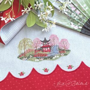 Zen garden with pagoda, willow tree and cherry blossoms - machine embroidery design from A Bit of Stitch
