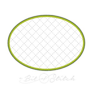 Oval shaped quilted applique frame with fancy edge and grid quilting machine embroidery design