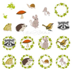 Tiny miniature forest animals machine embroidery designs - mushroom toadstool wren bird mouse snail raccoon hedgehog frog toad vine wreath frame