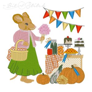Machine embroidery design of mouse at the fair with cotton candy, prize pumpkins, bunting flag banner, canned vegetables and cakes
