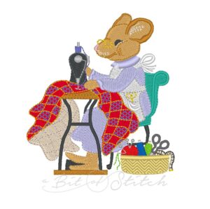 machine embroidery design with quilter mouse sitting at a sewing machine table and sewing a quilt on an old-fashioned sewing machine