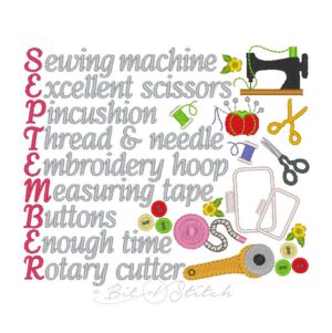 Machine embroidery design September acrostic poem made up of sewing notions in honor of National Sewing Month